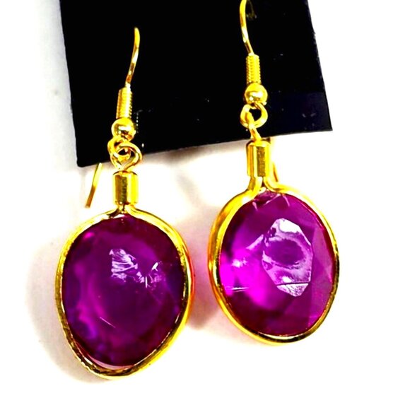 Elegant Purple Gem 1.5" Drop Earrings Gold Tone Oval Dangle Lightweight Jewelry - Picture 3 of 8